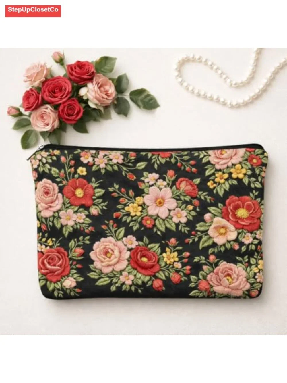 Embroidered Floral Makeup Bag, Double Sided Polyester Cosmetic Pouch, Large
